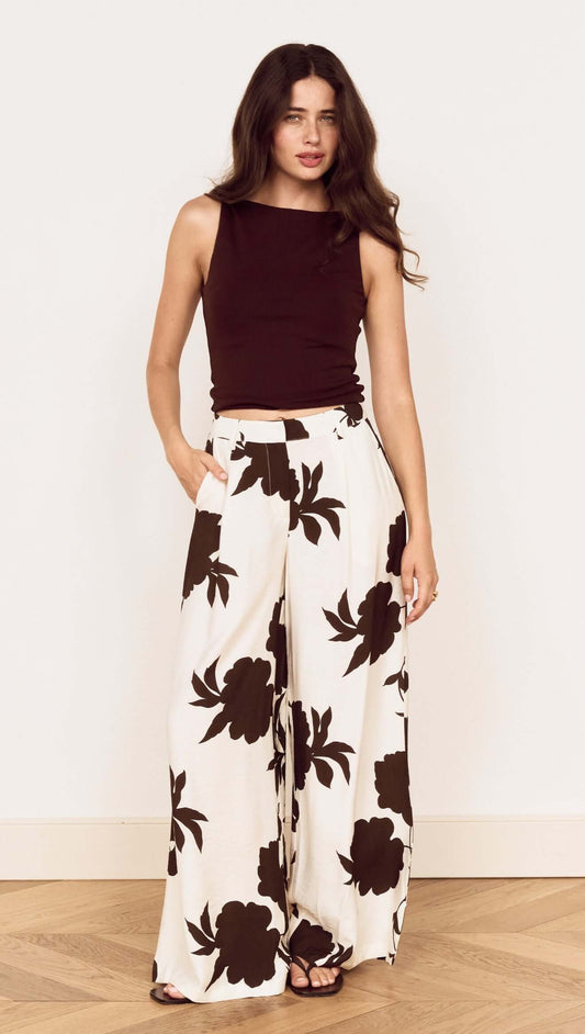 Model wearing Brown and Cream Floral Wide Leg Pant with a matching top and relaxed fit, showcasing floral print style.