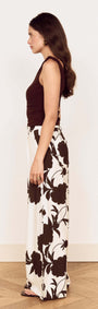 Model showcasing the Brown and Cream Floral Wide Leg Pant in a side profile view.