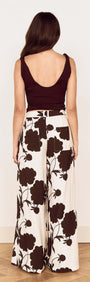 Back view of a model wearing Brown and Cream Floral Wide Leg Pant with a brown top, showcasing relaxed fit and floral print.