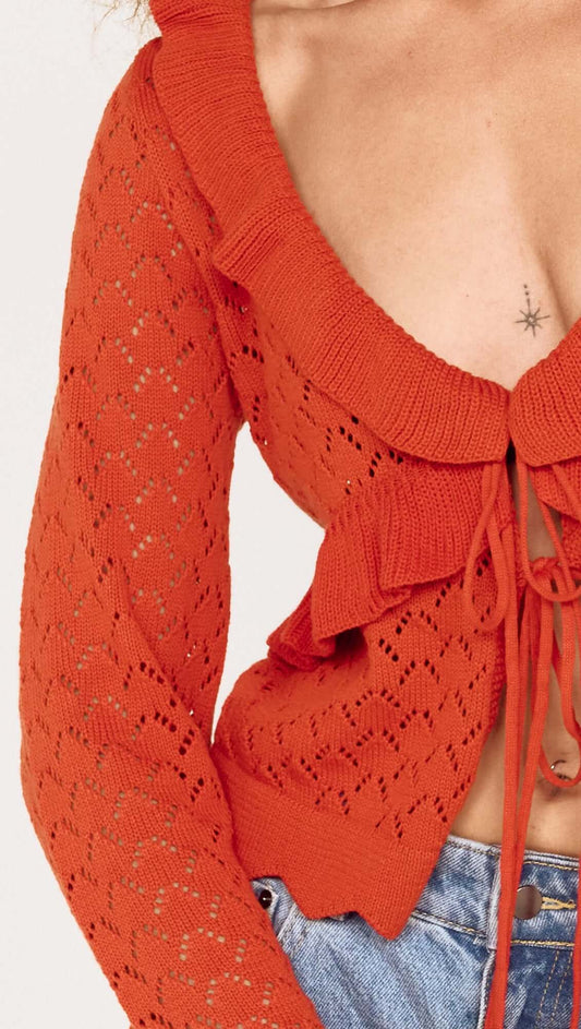Burnt Orange Pointelle Tie Front Top