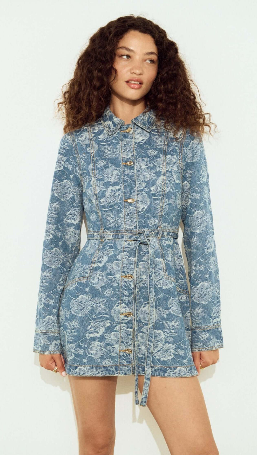 Button Through Floral Denim Dress with Tie Waist