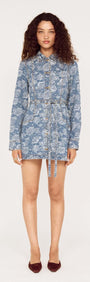 Button Through Floral Denim Dress with Tie Waist featuring a floral print and structured design.