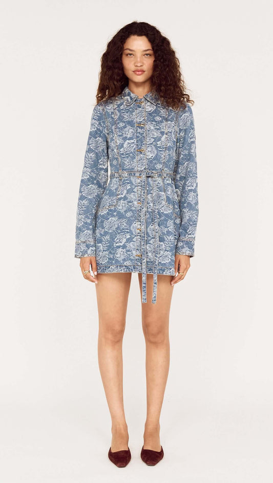 Button Through Floral Denim Dress with Tie Waist featuring a floral print and structured design.