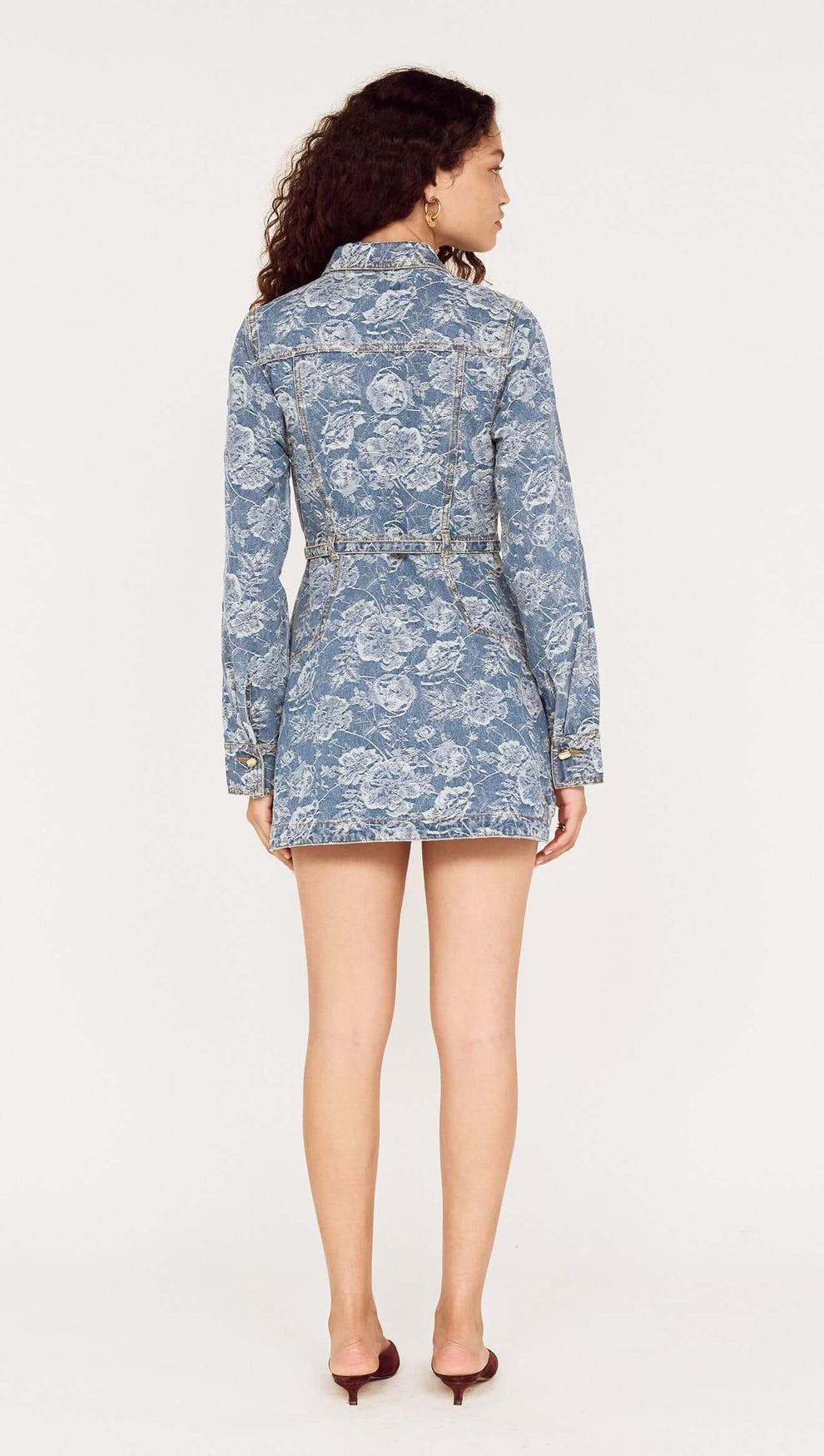 Button Through Floral Denim Dress with Tie Waist