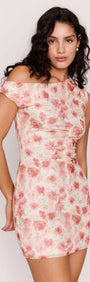 Pink Floral Asymmetric Mesh Mini Dress worn by a model, showcasing a flattering fitted silhouette and floral mesh design.