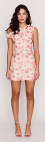 Pink Floral Asymmetric Mesh Mini Dress displayed on a model, showcasing its floral mesh design and fitted silhouette.