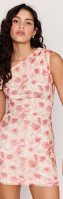 Pink Floral Asymmetric Mesh Mini Dress model showcasing fitted silhouette and floral design.
