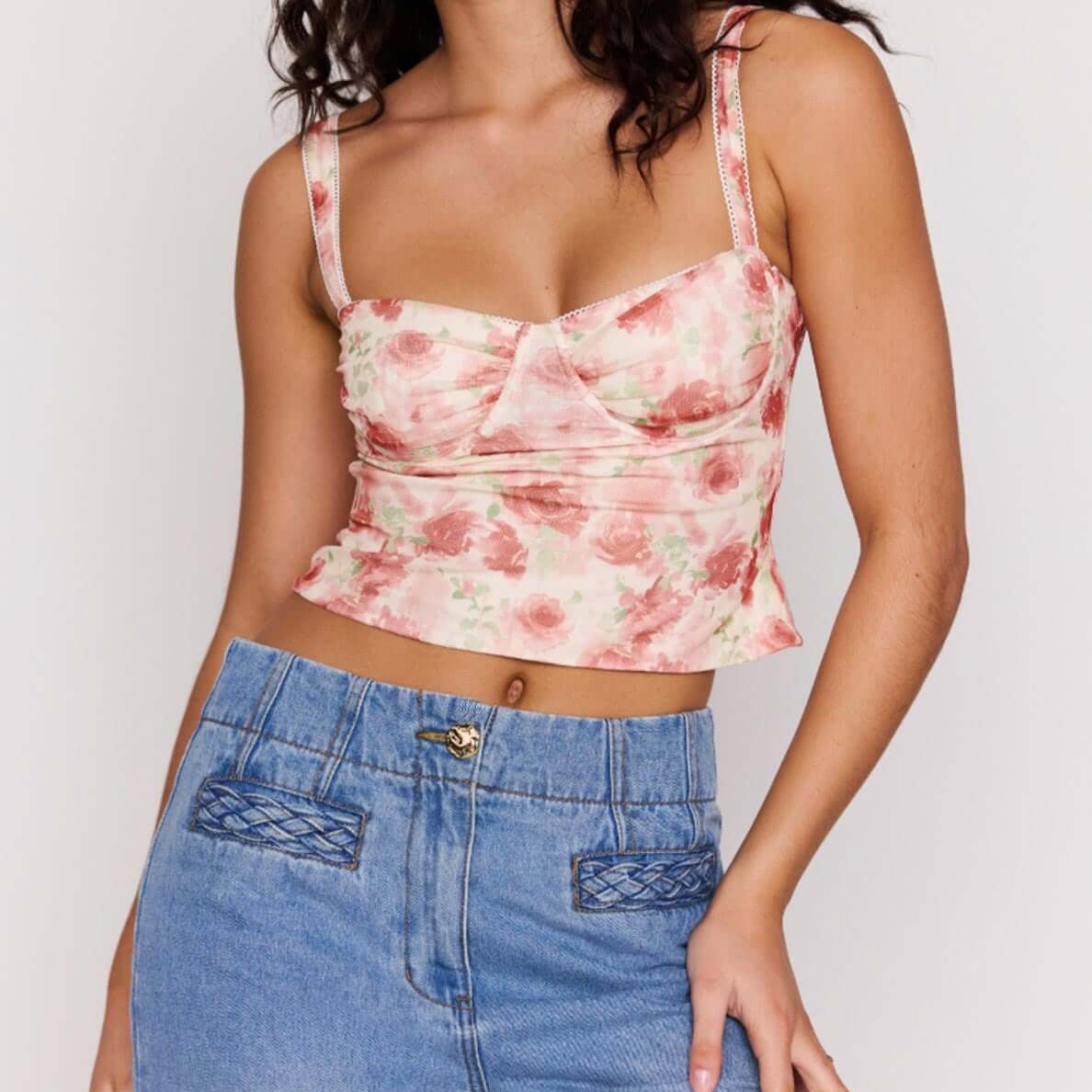 Pink Floral Buster Mesh Crop Top