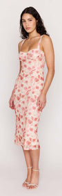Pink Floral Bustier Mesh Midi Dress showcased on a model, featuring a floral design and structured bustier neckline.