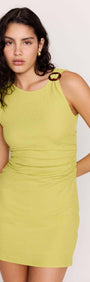Chartreuse Ruched Mini Dress displayed on a model, featuring soft ruching and a sleek sleeveless silhouette.