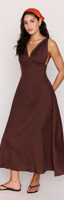 Chocolate Brown Linen Blend Maxi Dress worn by model, featuring a deep V neckline and a flowing design.