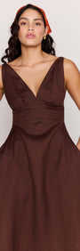Chocolate Brown Linen Blend Maxi Dress featuring a deep V neckline and softly cinched waistline.