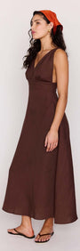 Model showcasing the Chocolate Brown Linen Blend Maxi Dress with a deep V neckline and casual sandals.