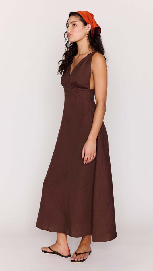 Model showcasing the Chocolate Brown Linen Blend Maxi Dress with a deep V neckline and casual sandals.