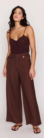 Model wearing Chocolate Brown Linen Blend Wide-Leg Pants with a lace top, showcasing a breezy summer outfit.