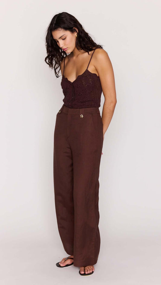 A model wearing Chocolate Brown Linen Blend Wide-Leg Pants paired with a dark top, showcasing a stylish warm-weather outfit.