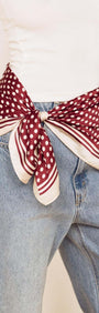 Chocolate Polka Dot Scarf styled as a waist wrap with denim, showcasing rich chocolate and classic polka dot pattern.