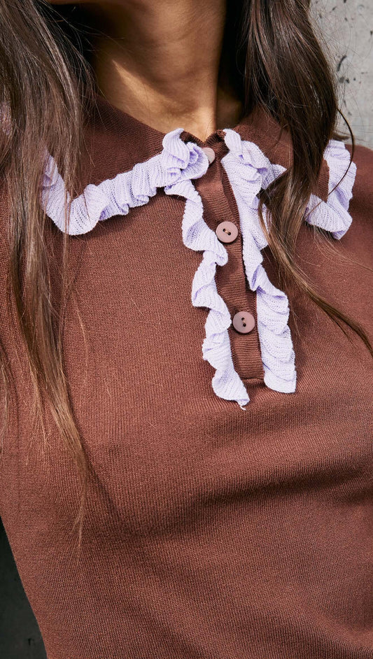 Chocolate Ruffle Collar Polo Knit Top featuring a playful ruffle collar and soft stretch knit, perfect for stylish outfits.