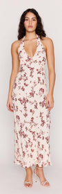 Cream Floral Toile Halter Maxi Dress featuring a plunging neckline and delicate floral print on soft fabric.