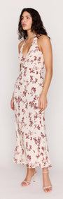 Cream Floral Toile Halter Maxi Dress featuring a plunging neckline and toile-inspired print.