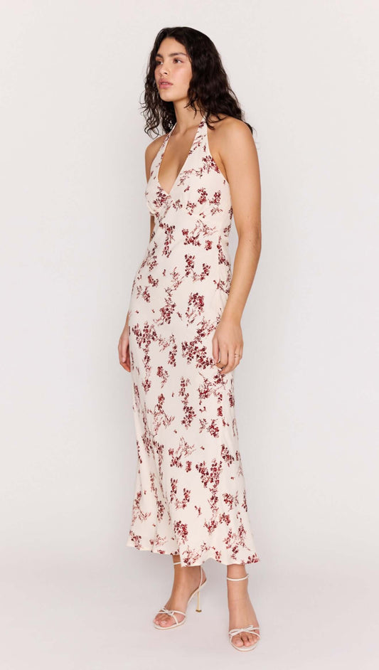 Cream Floral Toile Halter Maxi Dress featuring a plunging neckline and toile-inspired print.