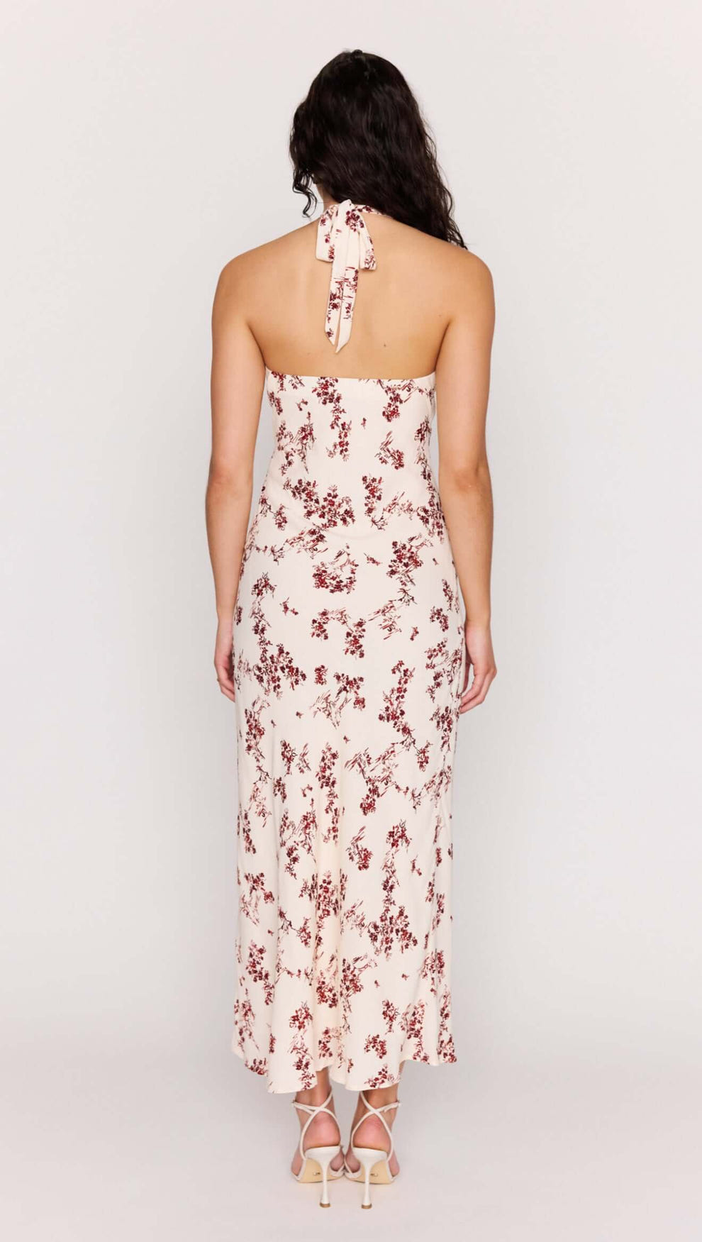 Back view of the Cream Floral Toile Halter Maxi Dress featuring a delicate floral print and adjustable halter tie.