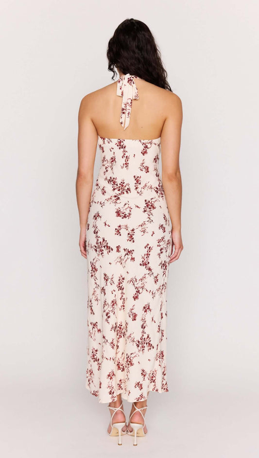 Back view of the Cream Floral Toile Halter Maxi Dress featuring a delicate floral print and adjustable halter tie.