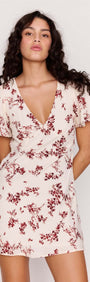 Cream Floral Toile Mini Dress with a plunging V neckline and flutter sleeves in a soft romantic design.
