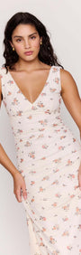 Cream Floral V-Neck Mesh Midi Dress showcased by a model, featuring a flattering V-neckline and floral design.