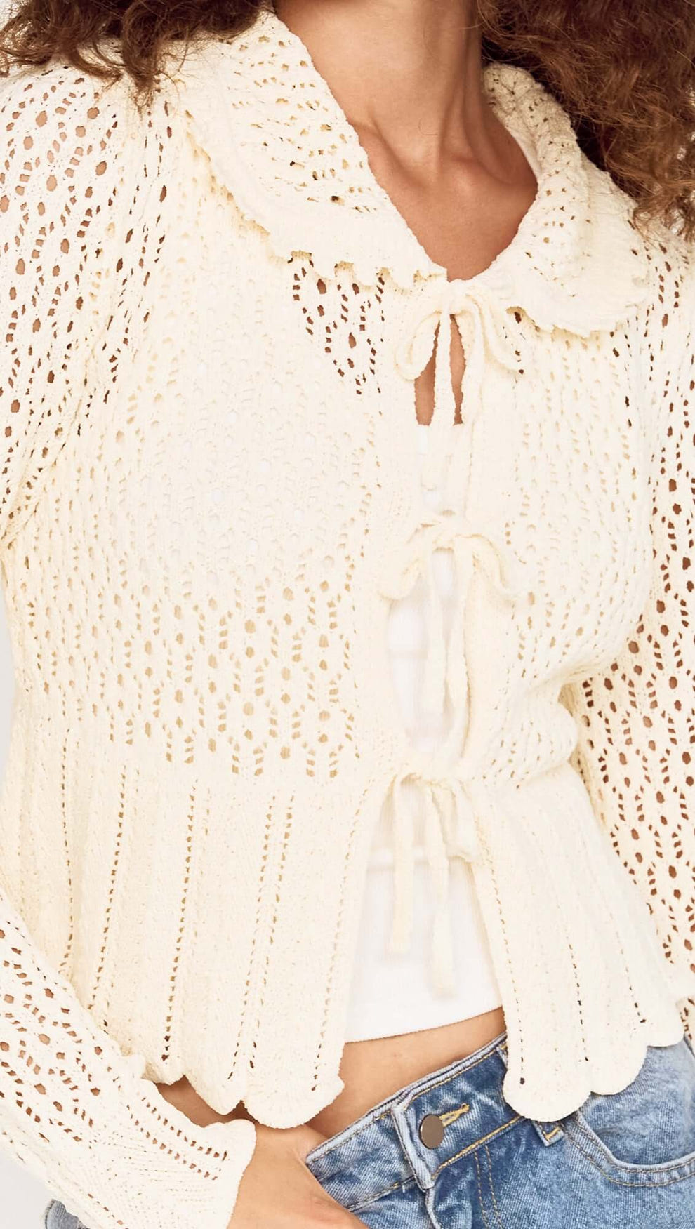 Cream Pointelle Knit Cardi with Tie Front