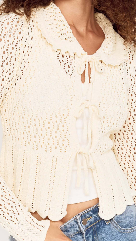 Cream Pointelle Knit Cardi with Tie Front