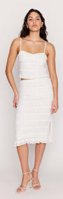 Cream Textured Lace Cropped Cami Top displayed on a model, featuring delicate lace and tiered detailing.