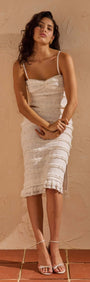 Cream Textured Lace Tiered Midi Skirt worn by a model, showcasing its elegant design.