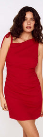 Model wearing a Deep Red Tie Shoulder Mini Dress with stylish ruched design.