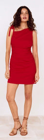 Model wearing a Deep Red Tie Shoulder Mini Dress, showcasing the stylish design and fitted silhouette.