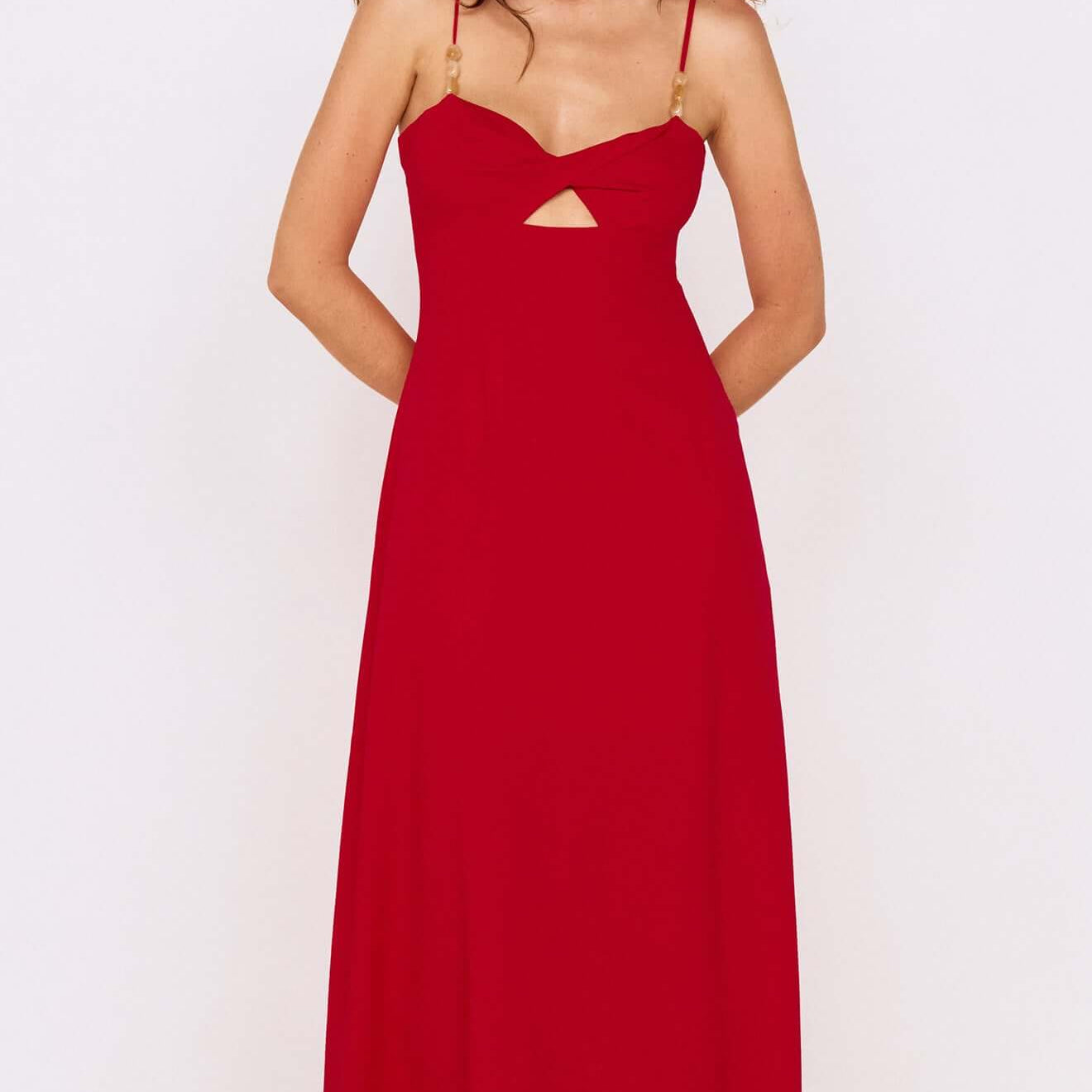 Deep Red Twist Front Maxi Dress featuring a unique cut-out design and adjustable straps for a stylish look.