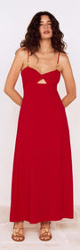 Deep Red Twist Front Maxi Dress featuring a unique cut-out design and adjustable straps for a stylish look.