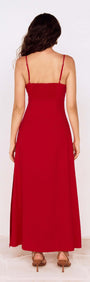 Back view of Deep Red Twist Front Maxi Dress featuring adjustable straps and a flowing silhouette.