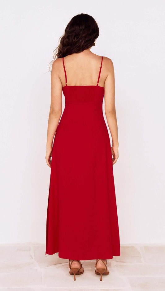 Back view of Deep Red Twist Front Maxi Dress featuring adjustable straps and a flowing silhouette.