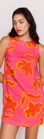 ELODIE SHIFT MINI DRESS featuring vibrant floral patterns in pink and orange shades.