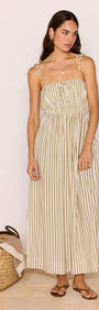 Olive & White Stripe Cotton Blend Maxi Dress worn by a model, featuring soft stripes and tie-front bodice.