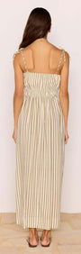 Back view of Olive & White Stripe Cotton Blend Maxi Dress featuring adjustable shoulder ties and elegant design.