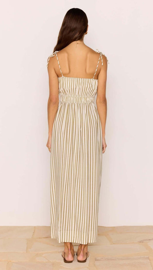 Back view of Olive & White Stripe Cotton Blend Maxi Dress featuring adjustable shoulder ties and elegant design.