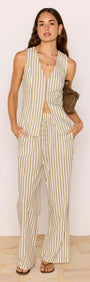 Olive & White Stripe Cotton Blend Relaxed Pant styled with matching vest for a chic summer look.