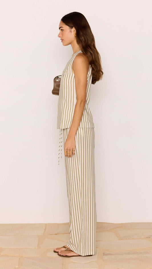 Olive & White Stripe Cotton Blend Relaxed Pant displayed on a model, showcasing the high-rise fit and elasticated waistband.
