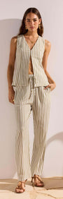 Model wearing the Olive & White Stripe Cotton Blend Vest paired with matching pants, perfect for warm weather outings.
