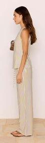 Olive & White Stripe Cotton Blend Vest paired with matching relaxed pants, showcasing a stylish warm-weather outfit.