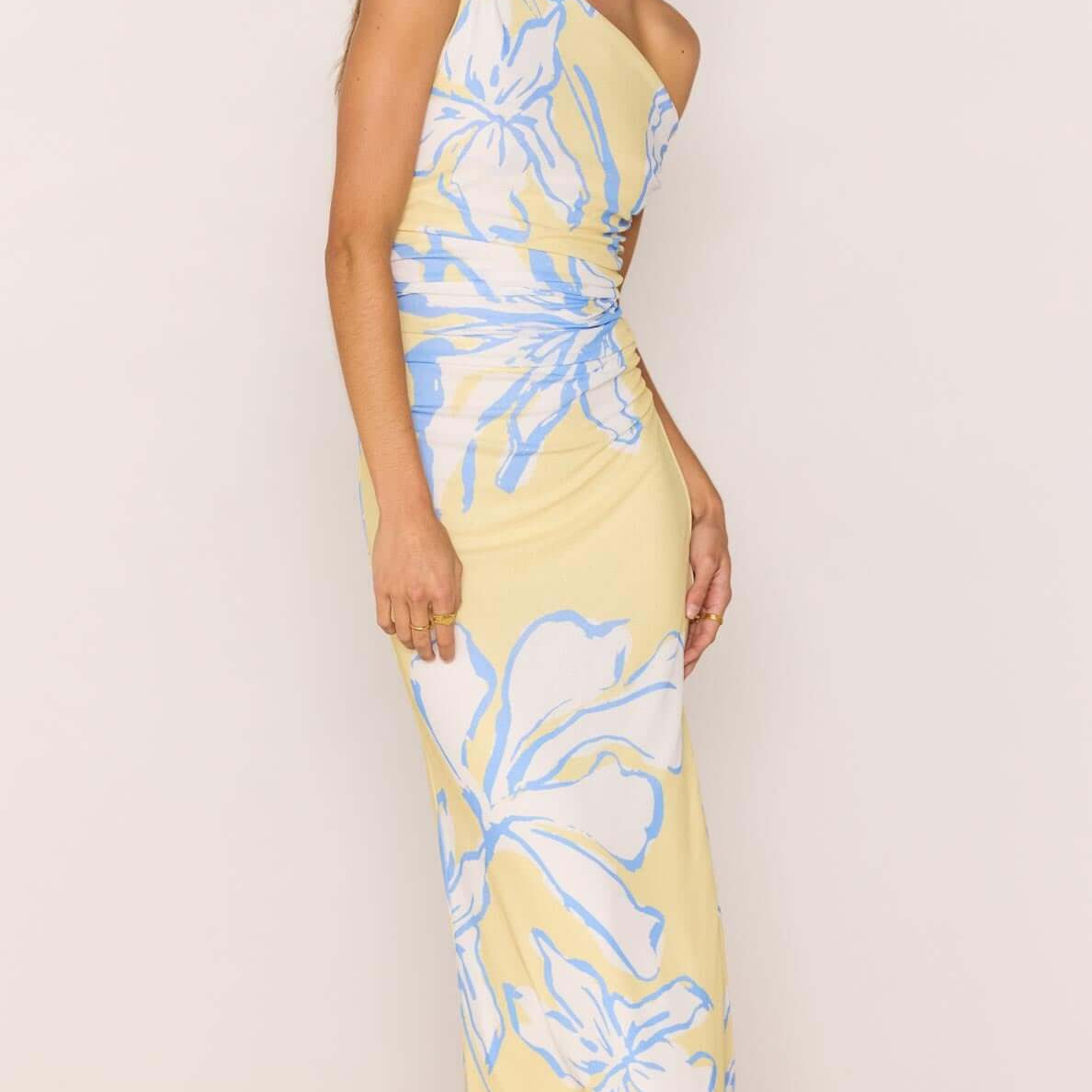 Yellow & Blue Floral Asymmetric Mesh Maxi Dress on model featuring floral print and one-shoulder design.