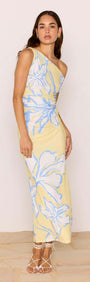 Yellow & Blue Floral Asymmetric Mesh Maxi Dress on model featuring floral print and one-shoulder design.