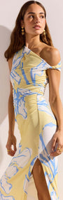 Yellow & Blue Floral Asymmetric Mesh Maxi Dress showcased on a model, featuring an asymmetrical neckline and soft lemon mesh.